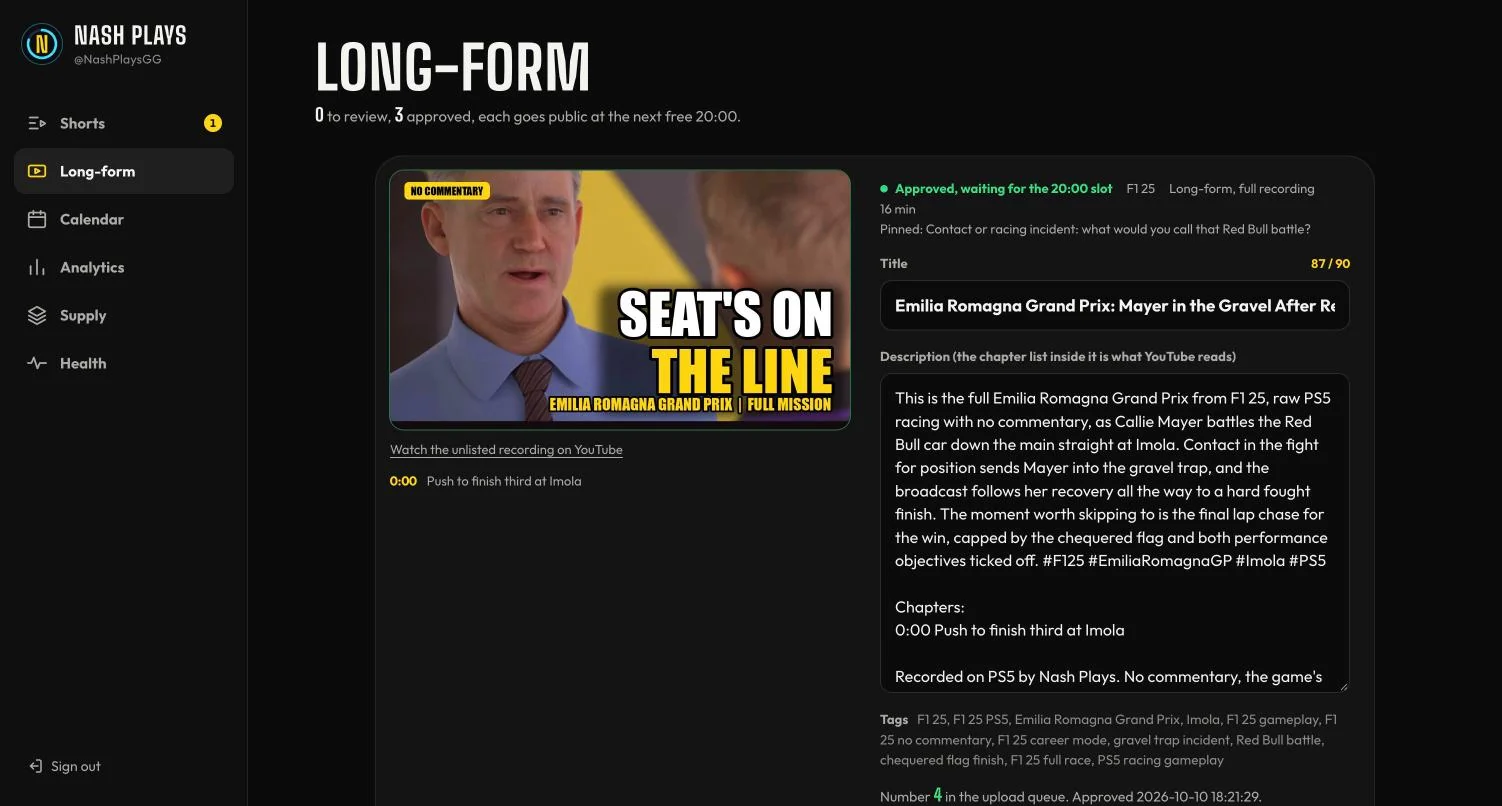 The engine's long-form page: a full mission approved and waiting for its 20:00 slot, with its thumbnail, title, description and chapter list