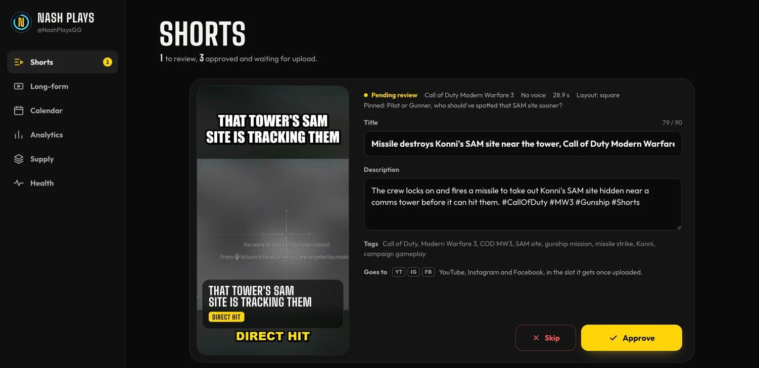 The engine's Shorts queue: a vertical clip with its hook, title, description and tags, marked for YouTube, Instagram and Facebook, with Skip and Approve buttons